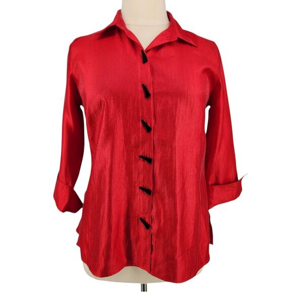 Multiples Red Shimmer Toggle Button Top 3/4 Sleeve Collar Turned Cuffs M - Picture 3 of 8